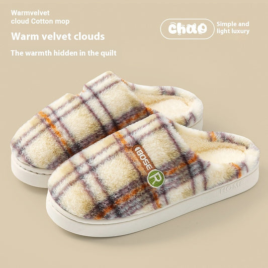Women's Home Plush Warm Non-slip Plaid Cotton Shoes - Bests Sale
