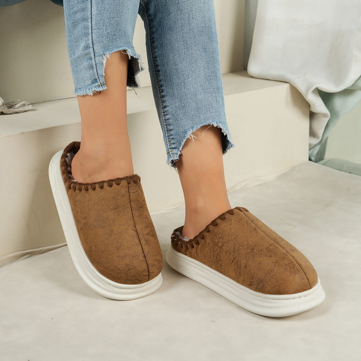 Winter Fashion Cotton Slippers With Sewing-side Design Indoor Non-slip Bedroom Floor Plush Slipper House Shoes Women Couple - Bests Sale