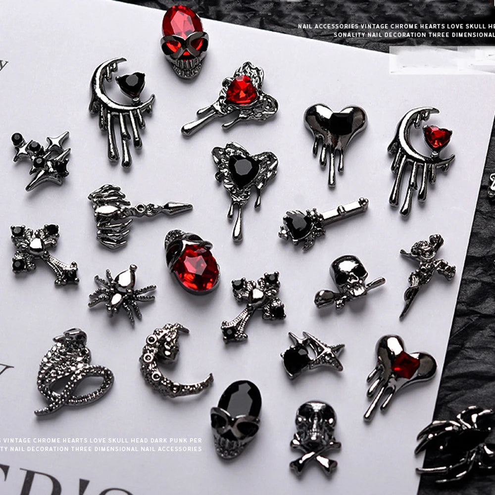 10 piezas de aleación 3D estilo gótico punk para decoración de uñas, diseño de corazón, esqueleto, cruz, araña, accesorios para decoración de uñas de Halloween.