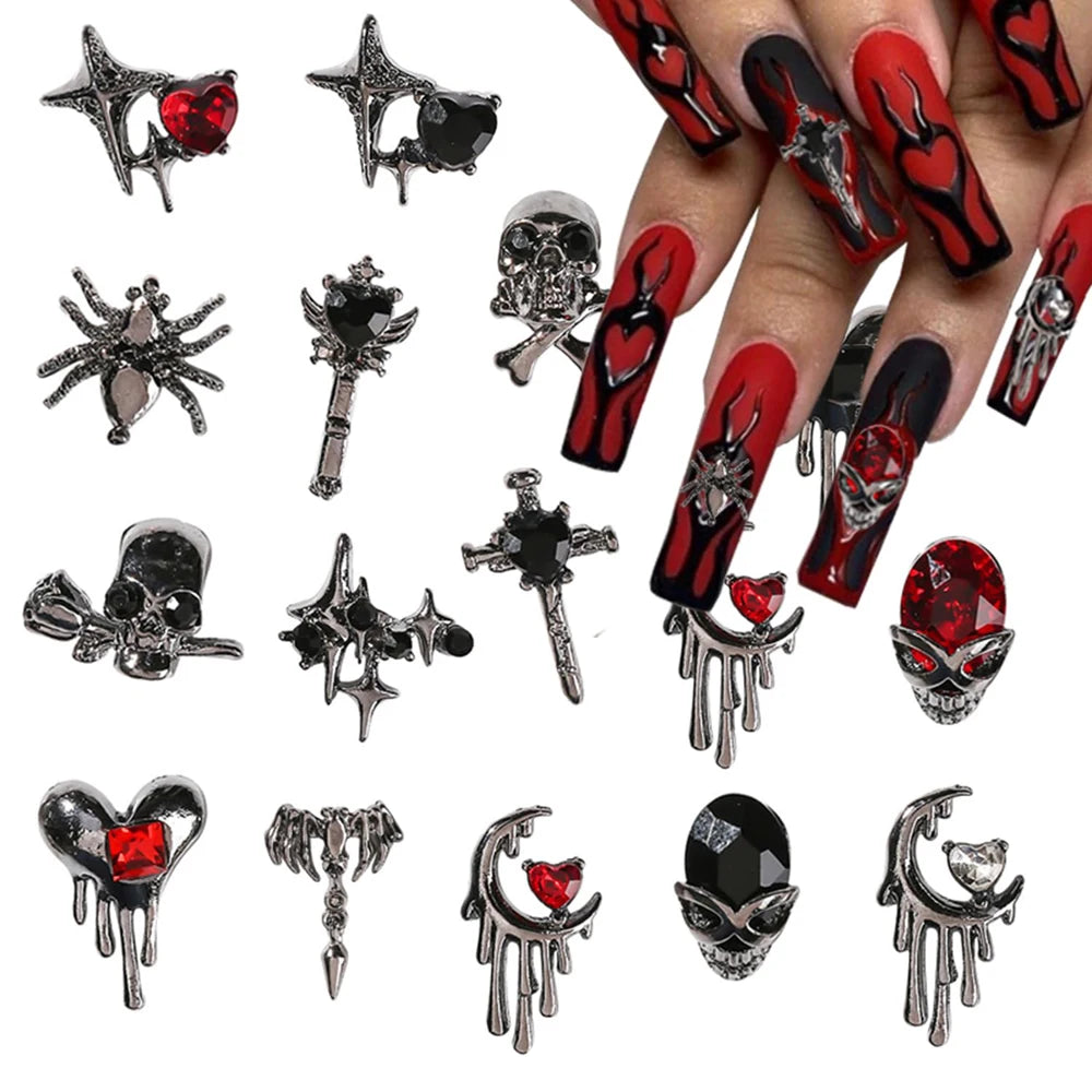 10 piezas de aleación 3D estilo gótico punk para decoración de uñas, diseño de corazón, esqueleto, cruz, araña, accesorios para decoración de uñas de Halloween.