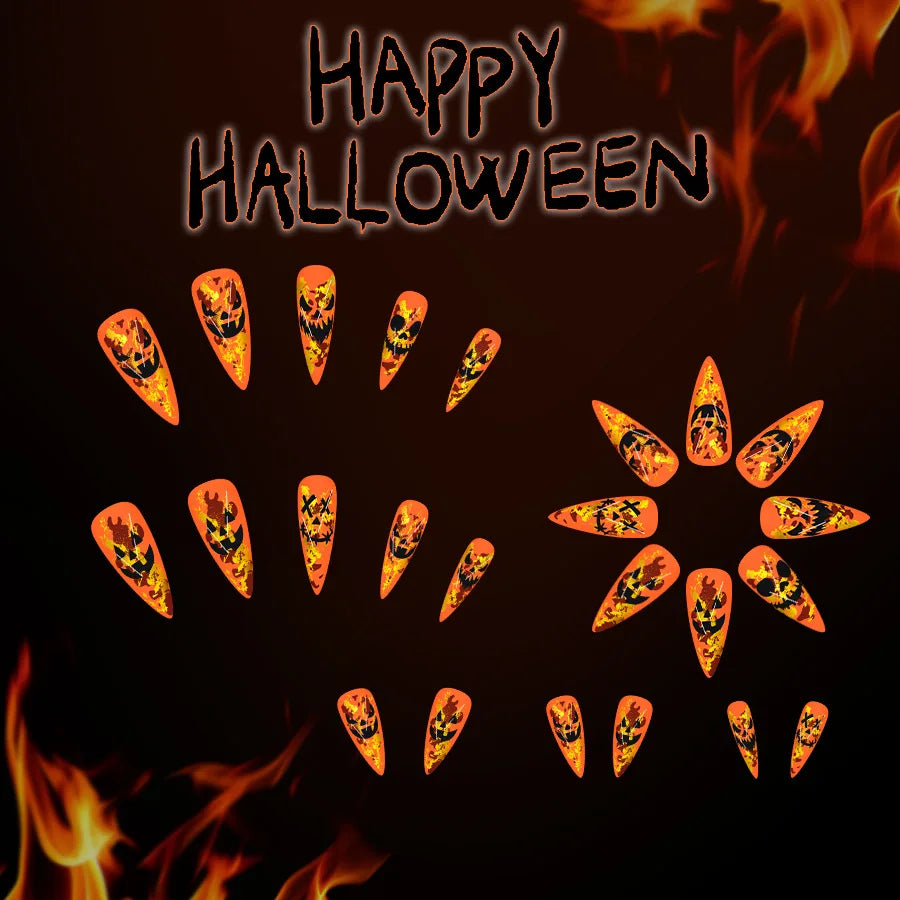 24pcs Halloween Fake Nails Red Decorated False Nail Almond Press on Nail Tips Halloween Cool Girl Long Fake Nail Halloween Nails