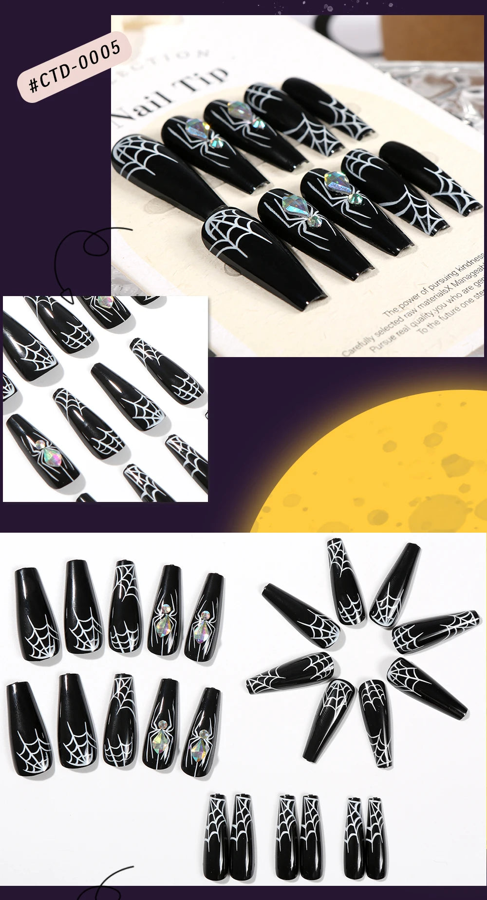 24 uñas postizas góticas oscuras con diseño de araña, 8 estilos, color nude, cuadradas y cortas, cobertura total, para usar