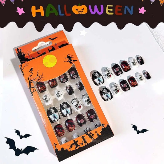 24Pcs/set Bat Spider Web Children Halloween False Nails Ghost Pumpkin Kids Cartoon Fake Nails Nail Supplies Manicure Material