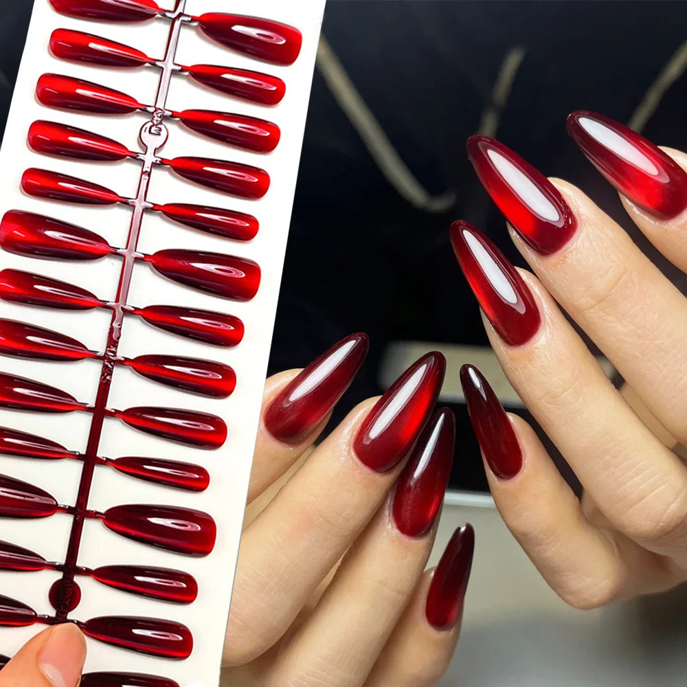 Halloween Red Cat Eye Press-On Nails - Gothic Scarlet Almond Coffin (30 Pieces)