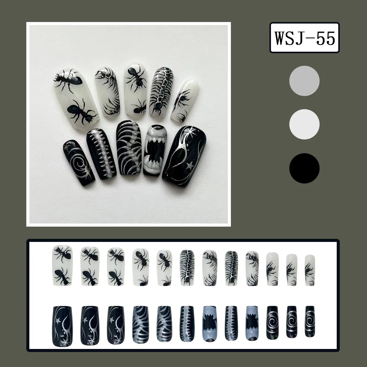 24Pcs Silver Spider Design Halloween Press-On Nails - Gothic Punk Almond False Nails