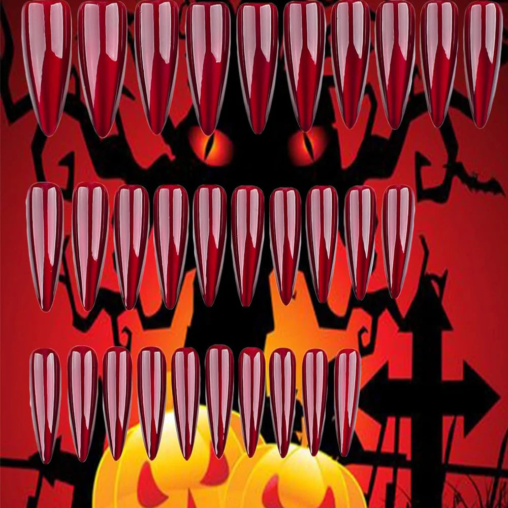 Halloween Red Cat Eye Press-On Nails - Gothic Scarlet Almond Coffin (30 Pieces)