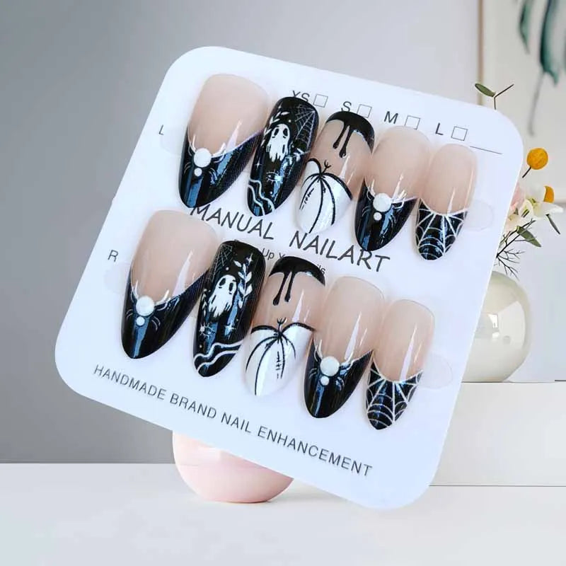 10Pcs Halloween Short Almond Shape Atmosphere Clown Black and White Ghost Spider Press on Nails Nail Patch False Nails Nails Art