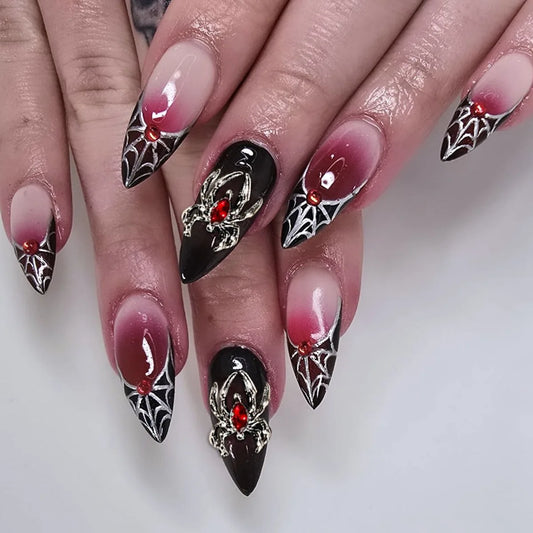 24Pcs Long Almond Halloween Press-On Nails - Black Spider Web Rhinestone Red Gradient