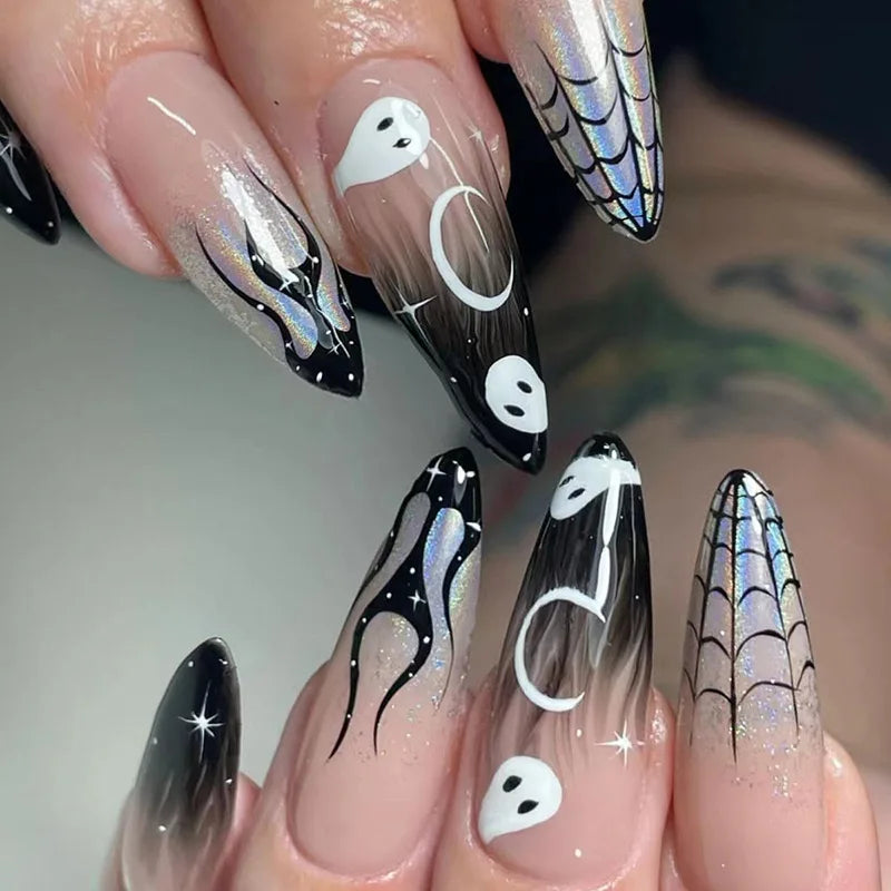 24Pcs Halloween Colorful Spider Press-On Nails - Cute Almond False Nails Full Cover