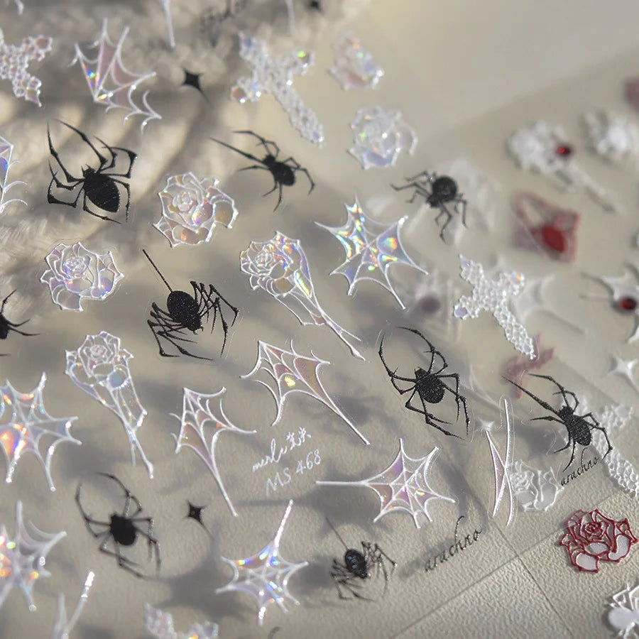 Silver Laser Jelly Halloween Spider Nail Stickers Retro Dark Style Decorative Stickers For Nails DIY Red Spider Manicure Decals