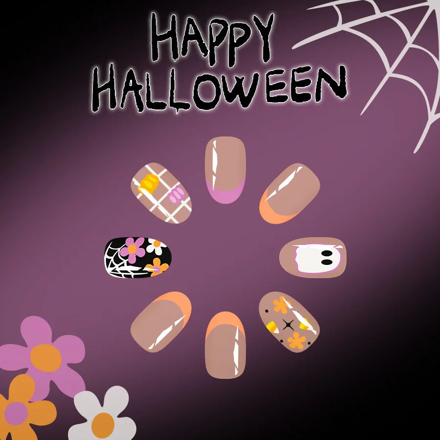 24pcs 2025 Halloween Almond Press on Nails French False Nails Kawaii Wearable Stick-on Nails Fake Nail Uñas Накладные Ногти 네일팁