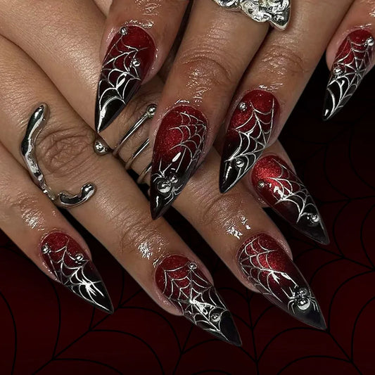24pcs Halloween Fake Nails Red Decorated False Nail Almond Press on Nail Tips Halloween Cool Girl Long Fake Nail Halloween Nails