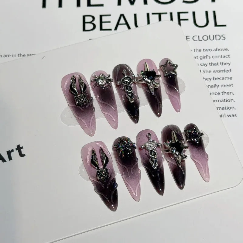 10 uñas postizas Y2k para Halloween, estilo punk oscuro, hechas a mano, con diseño de araña, conejito, dulce, picante, extraíbles y reutilizables.