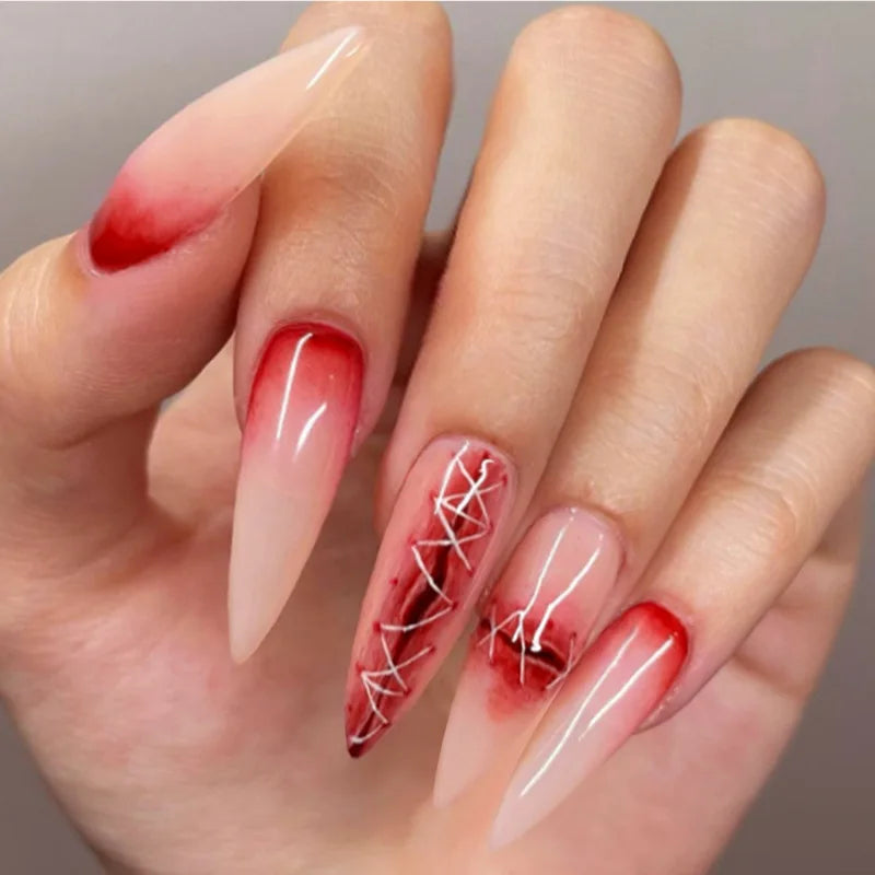 24pcs Halloween Long Almond Fake Nails Gothic Dark Black Style Press on Nails Full Cover Wearable Heavy Metal False Nail Tips