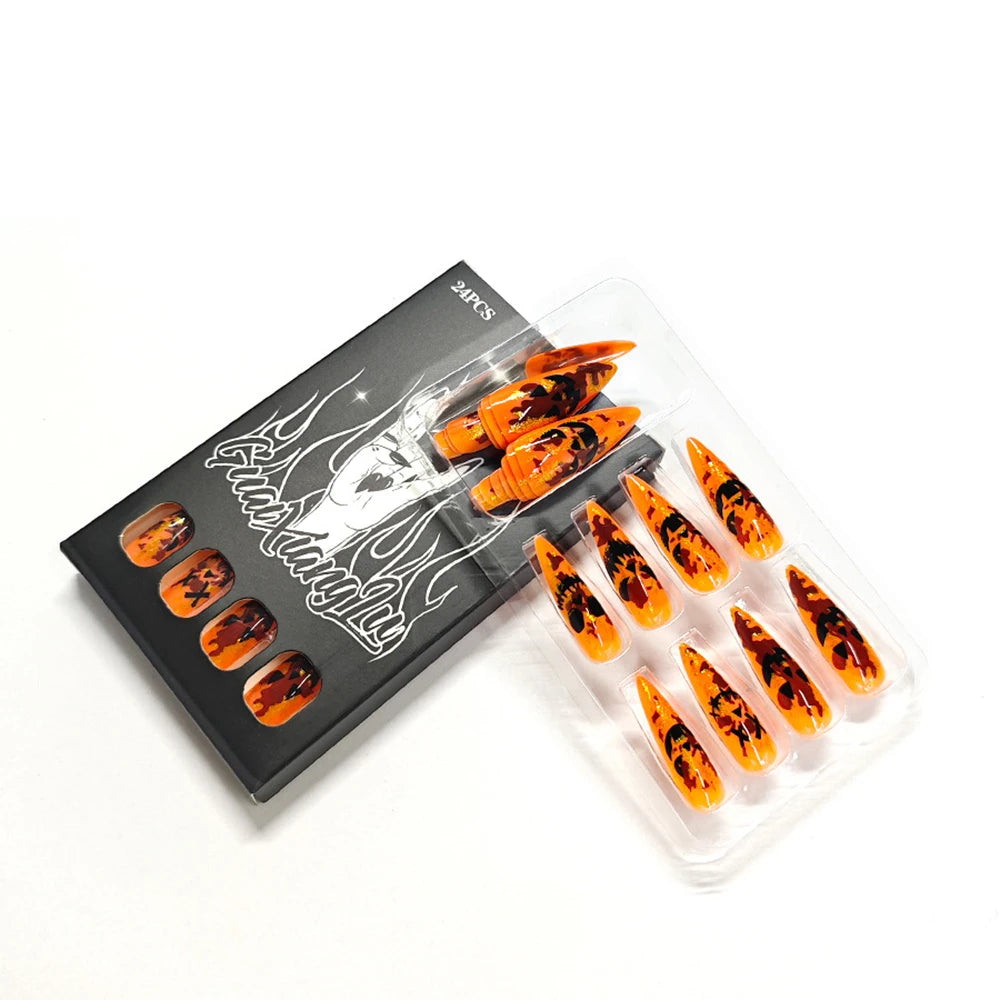 24pcs Halloween Fake Nails Red Decorated False Nail Almond Press on Nail Tips Halloween Cool Girl Long Fake Nail Halloween Nails