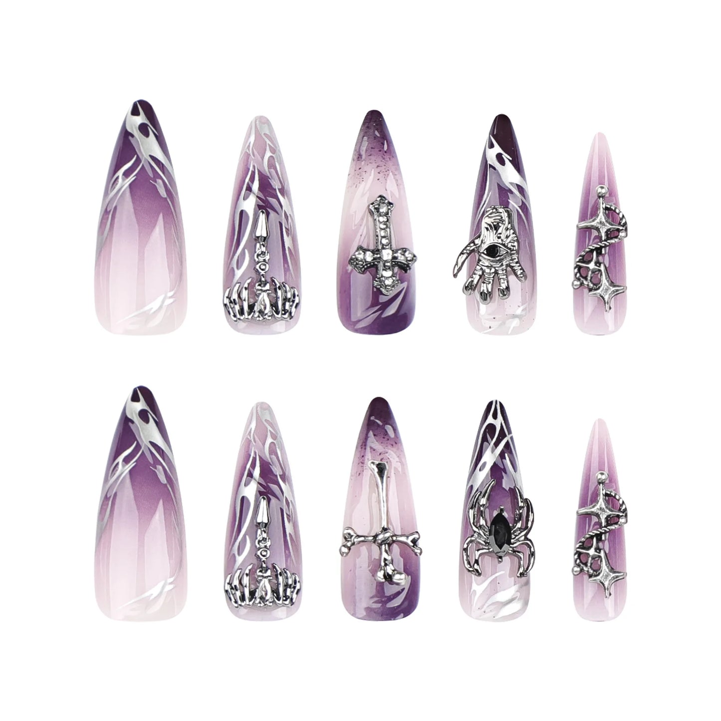 24pcs Halloween Long Almond Fake Nails Gothic Dark Black Style Press on Nails Full Cover Wearable Heavy Metal False Nail Tips