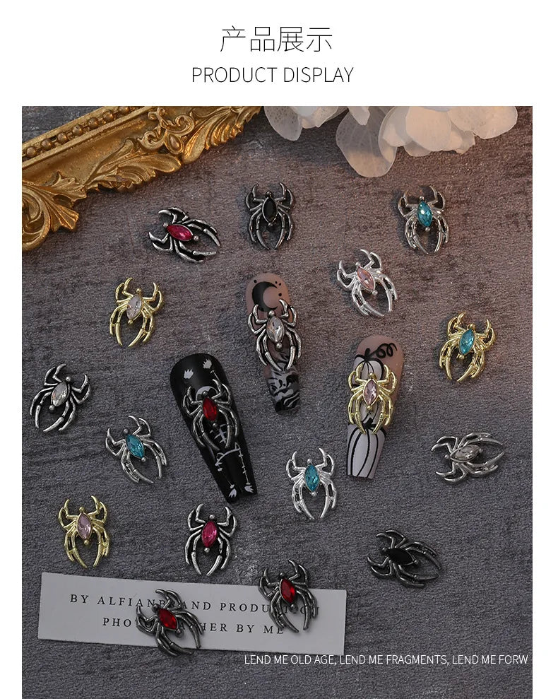 Halloween 3D Spider Nail Charms - Luxury Gold & Silver Alloy (10 Pieces)