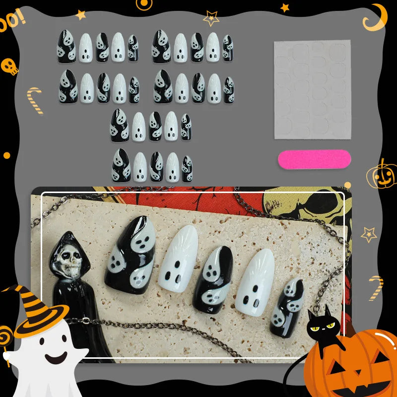 Halloween Ghost 3D Press-On Nails - Black & White Almond Shape (30 Pieces)