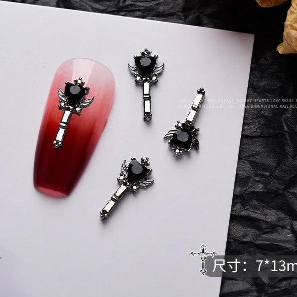 10 piezas de aleación 3D estilo gótico punk para decoración de uñas, diseño de corazón, esqueleto, cruz, araña, accesorios para decoración de uñas de Halloween.
