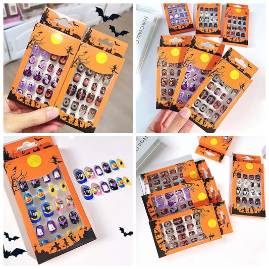 24Pcs/set Bat Spider Web Children Halloween False Nails Pumpkin Full Cover Nail Art Tips Kids Cartoon Fake Nails
