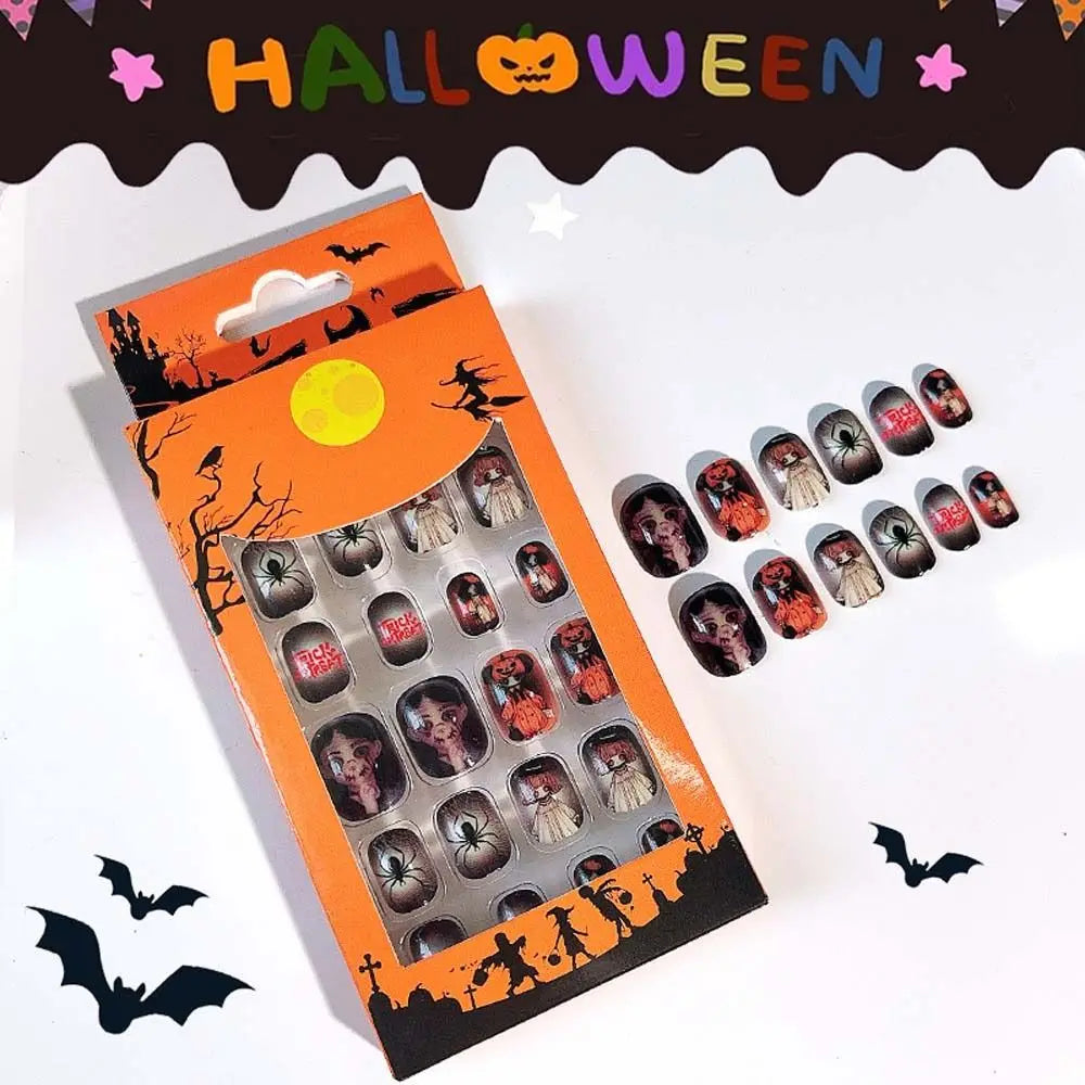 24Pcs/set Bat Spider Web Children Halloween False Nails Ghost Pumpkin Kids Cartoon Fake Nails Nail Supplies Manicure Material