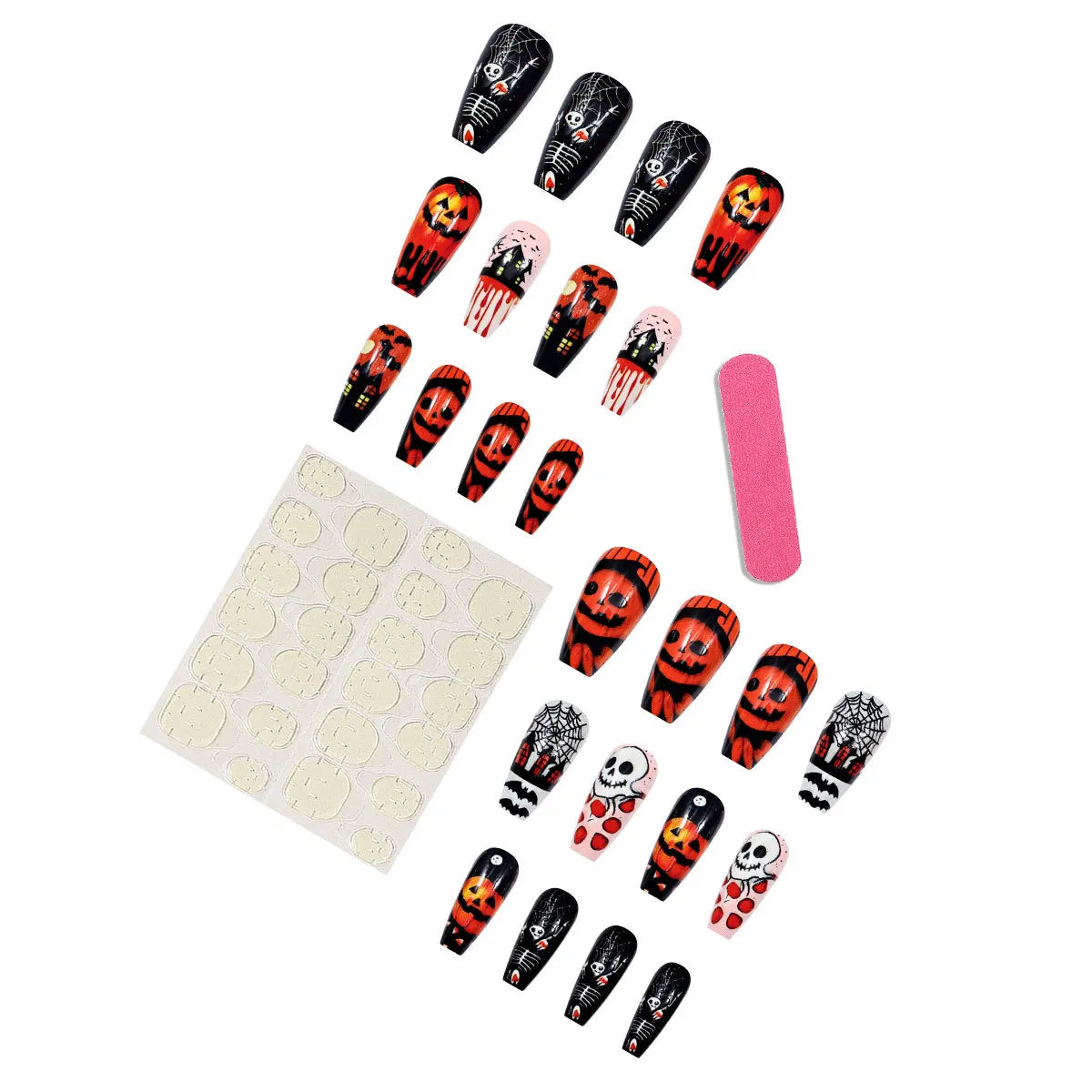 24 uñas postizas doradas con diseño de murciélago y araña, para Halloween, estilo ballet, estilo ataúd, para usar a presión.