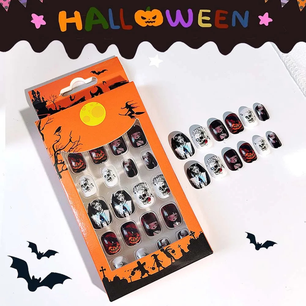 24Pcs/set Bat Spider Web Children Halloween False Nails Ghost Pumpkin Kids Cartoon Fake Nails with Jelly Gel Manicure Material