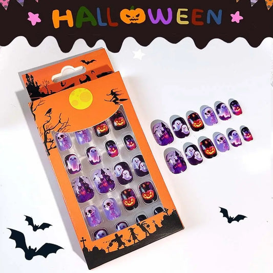 24Pcs/set Bat Spider Web Children Halloween False Nails Pumpkin Ghost Kids Cartoon Fake Nails Nail Supplies with Jelly Gel