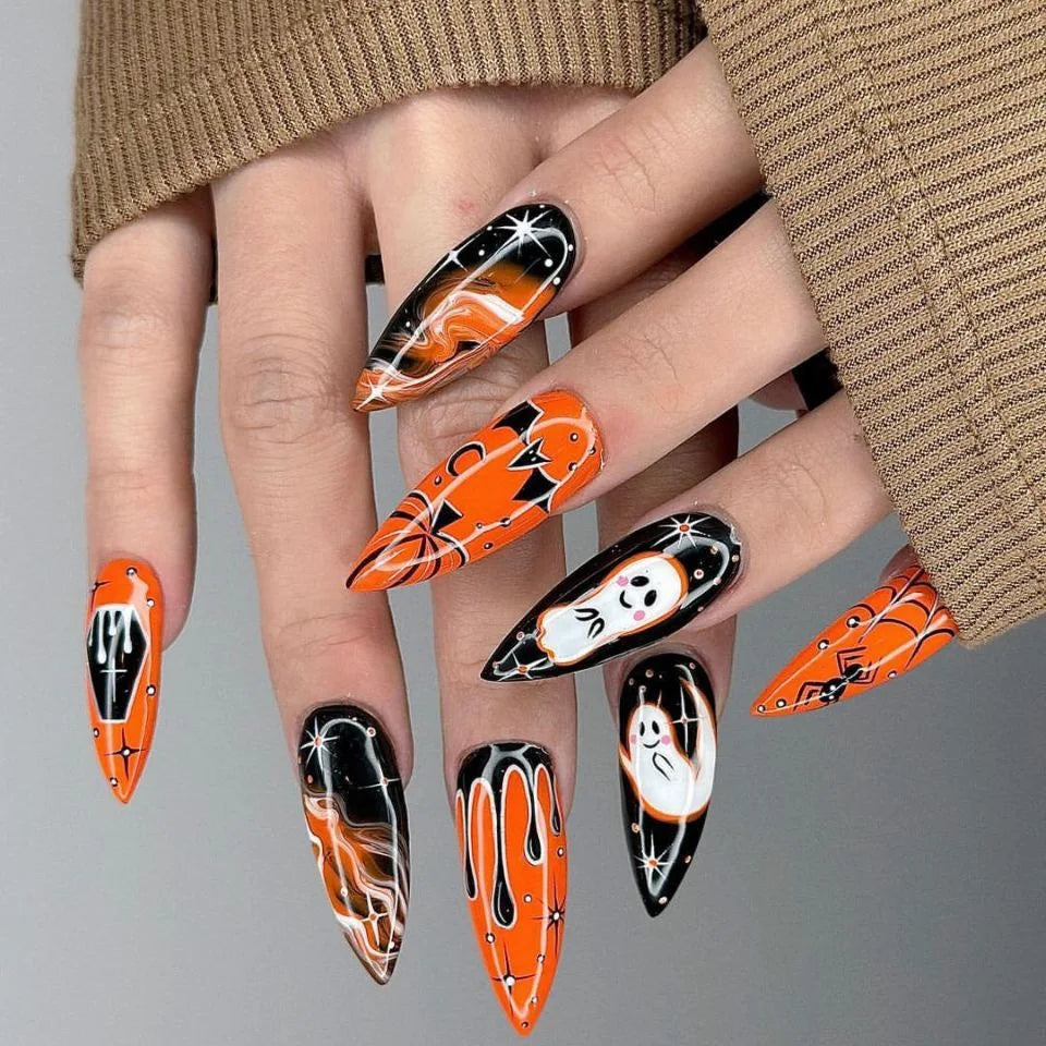 24pcs Almond False Nails Halloween Blood Red Short Full Cover Nail Tips with Spider Designfake Nail Art Wearable Press on Nails