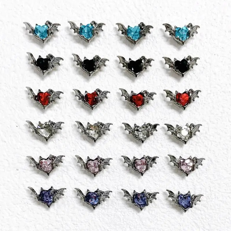 10pcs Gothic Punk Style Alloy Bat 3Heart D Nail Art Charms Spider Design For Halloween Nails Decoration Accessories