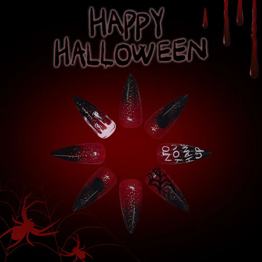 24pcs Halloween Fake Nails Red Decorated False Nail Almond Press on Nail Tips Halloween Cool Girl Long Fake Nail Halloween Nails