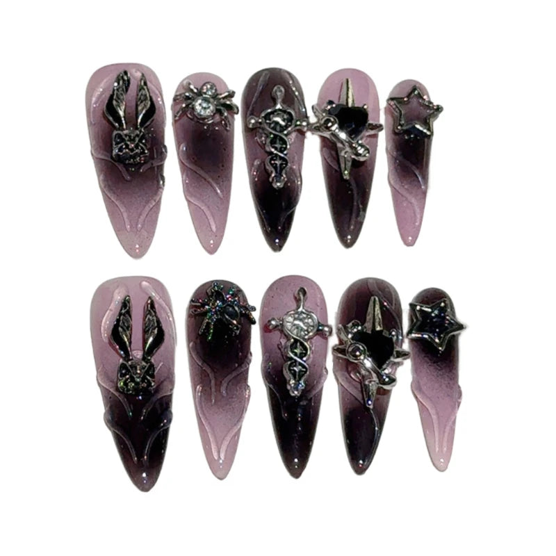 10 uñas postizas Y2k para Halloween, estilo punk oscuro, hechas a mano, con diseño de araña, conejito, dulce, picante, extraíbles y reutilizables.