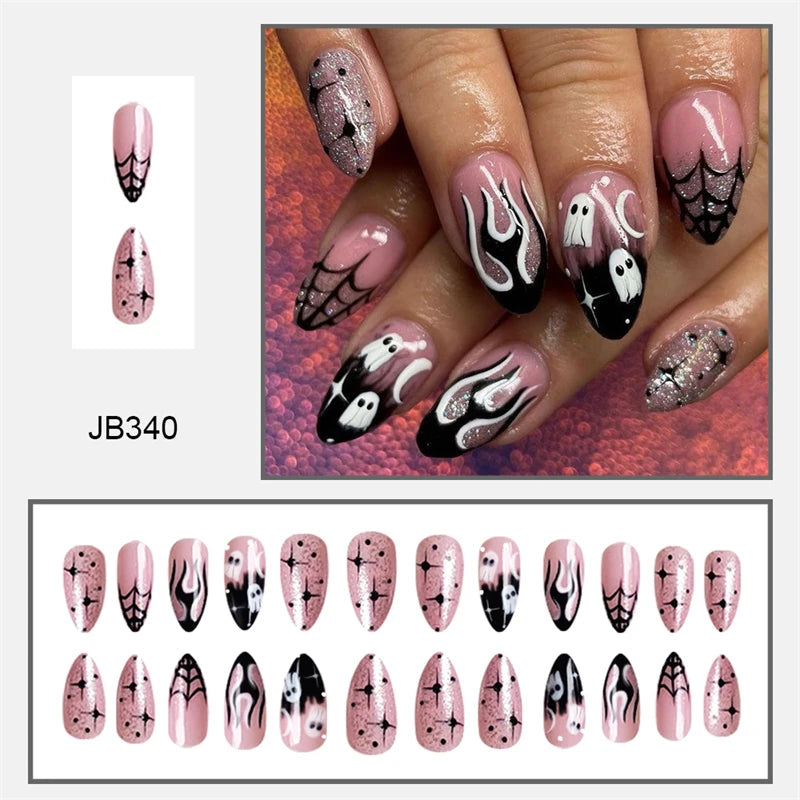 24Pcs Halloween Bat & Spider Press-On Nails - Almond French Fake Nails Full Cover