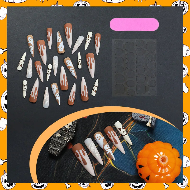 24Pcs Halloween Fake Nails Melanin-inspired Long-Tip Design Spooky Spiderweb Patterns Press-On Nail Tips Perfect Gifts for Girls