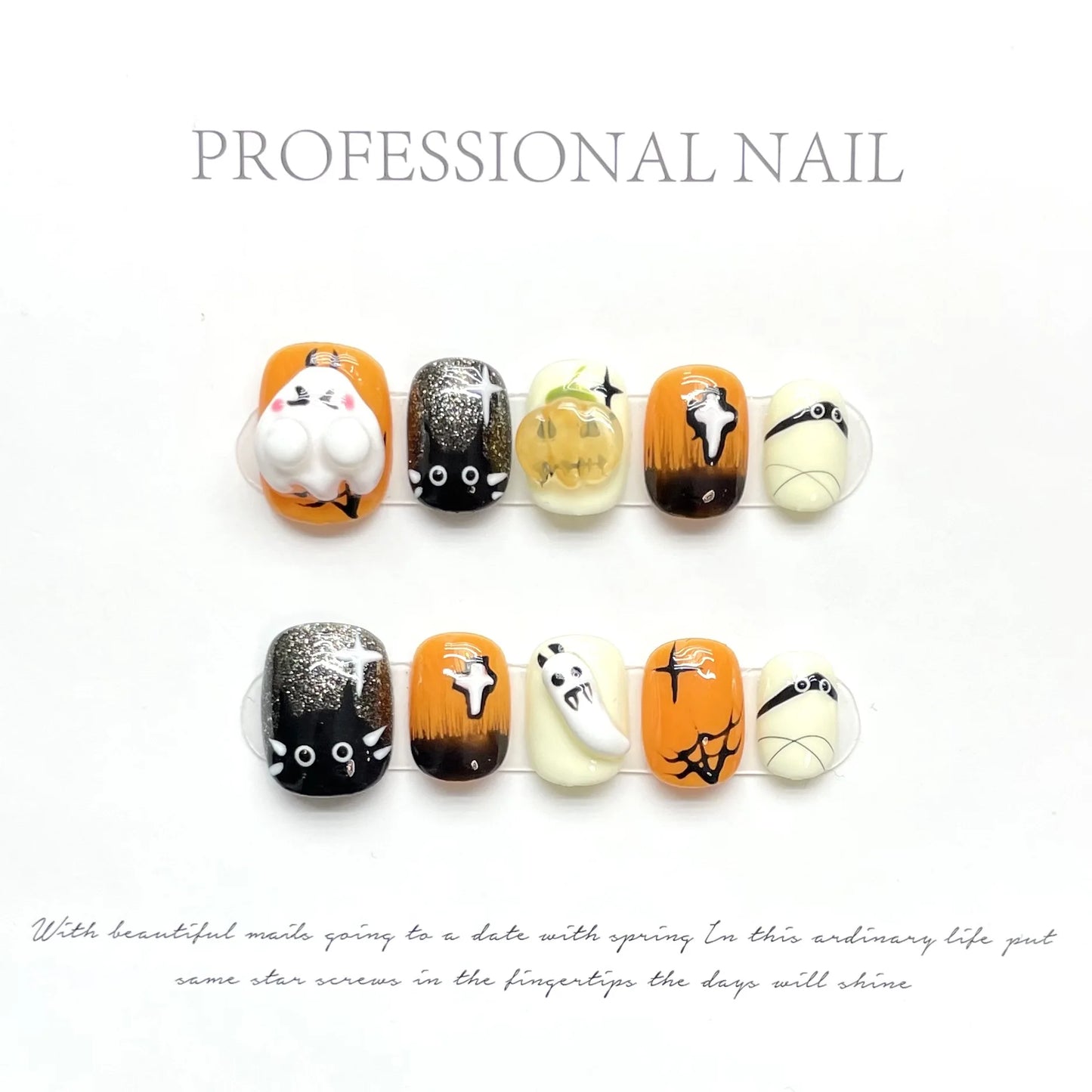 10pcs Short Round Handmade False Nails For Halloween 3D Pumpkin Ghost Spider Decor Press On Nails Sweet Cool Party Fake Nail