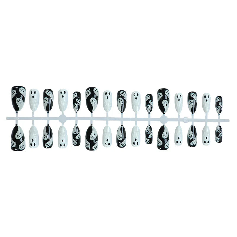 Halloween Ghost 3D Press-On Nails - Black & White Almond Shape (30 Pieces)