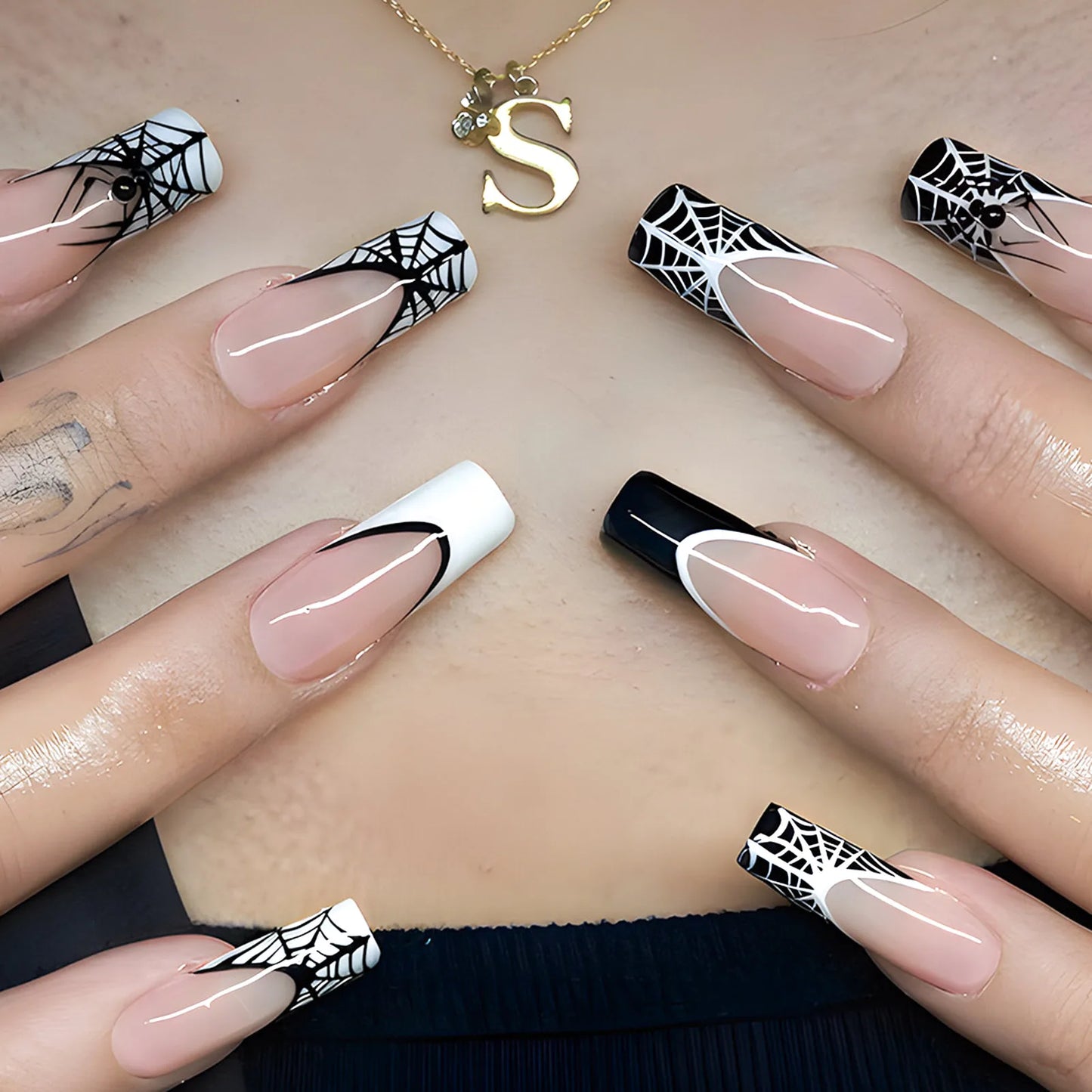 Halloween Gothic Spider Nails - 24pcs Silver Press-On Almond Nails Set