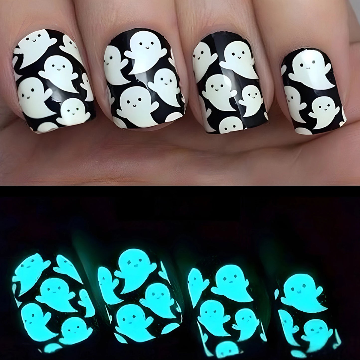 24pcs Halloween False Nails Glow in the Dark Ghost Spider Printed Press on Nail Halloween Manicure Supplies Wearable Fake Nails