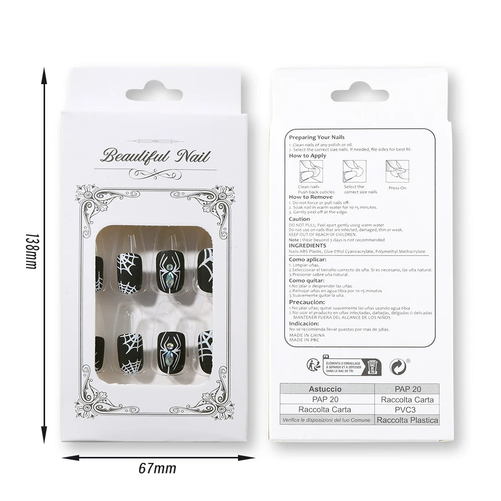 24Pcs Black Halloween Fake Nail Tips with Diamond Spider Web Design Press On Nails Short Square Wearable Y2K False Fingertips 1
