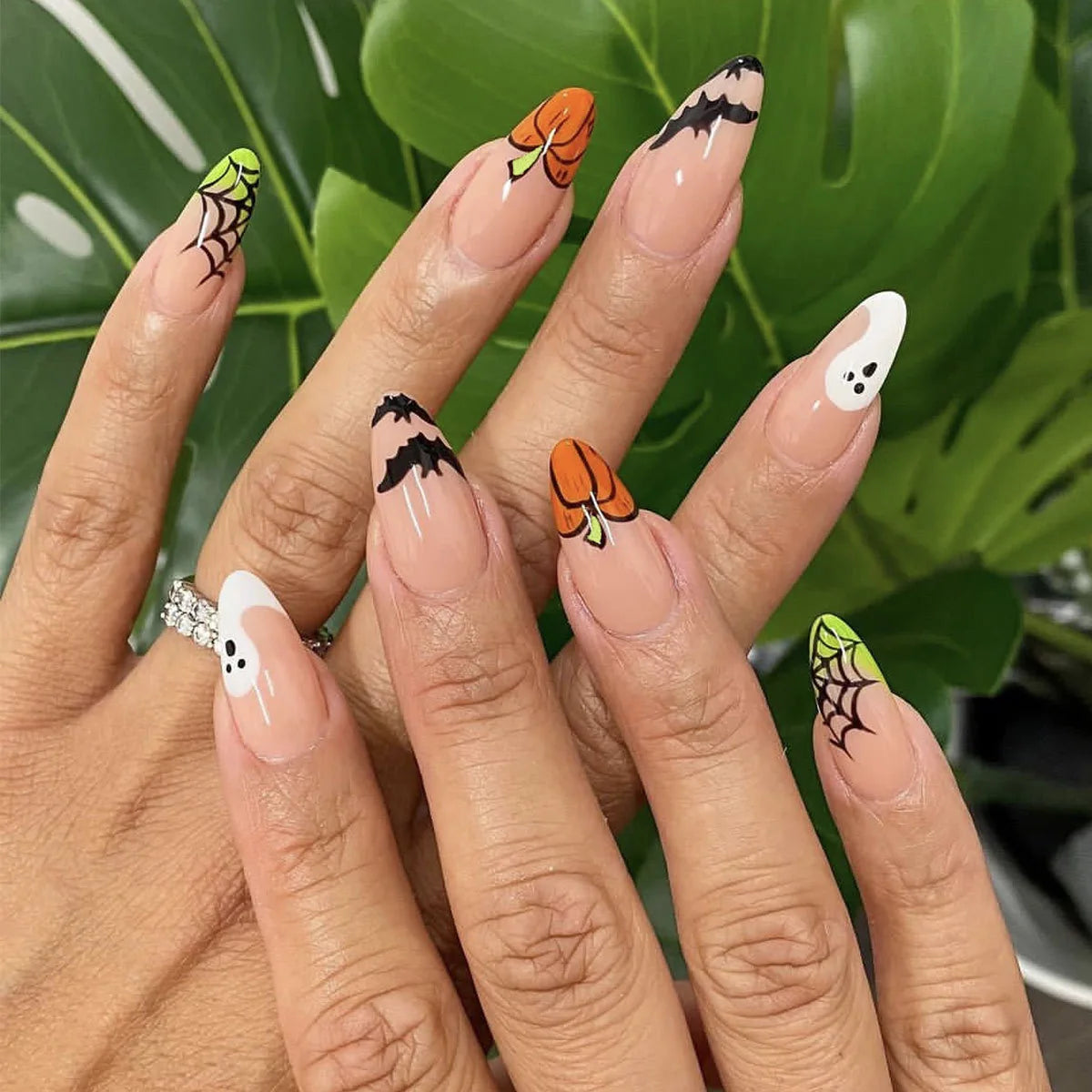 24Pcs Halloween Colorful Spider Press-On Nails - Cute Almond False Nails Full Cover