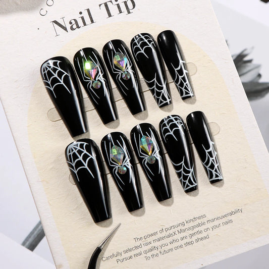 24Pcs Gothic Dark Spider Coffin Press On Nails 8 Styles Diamond Nude Short Sqare False Nails Full Cover Wearable Fake Nail Tips&