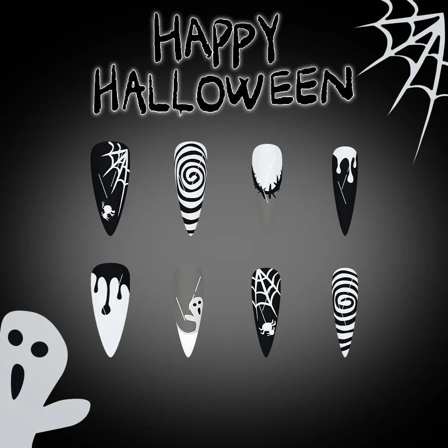24pcs Halloween Fake Nails Red Decorated False Nail Almond Press on Nail Tips Halloween Cool Girl Long Fake Nail Halloween Nails