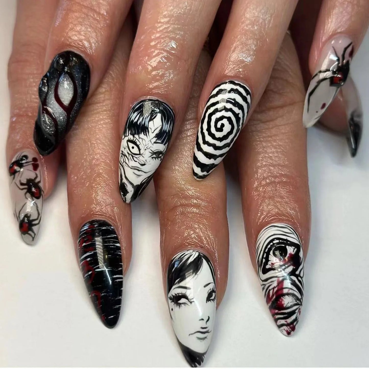 Halloween Gothic Spider Nails - 24pcs Silver Press-On Almond Nails Set