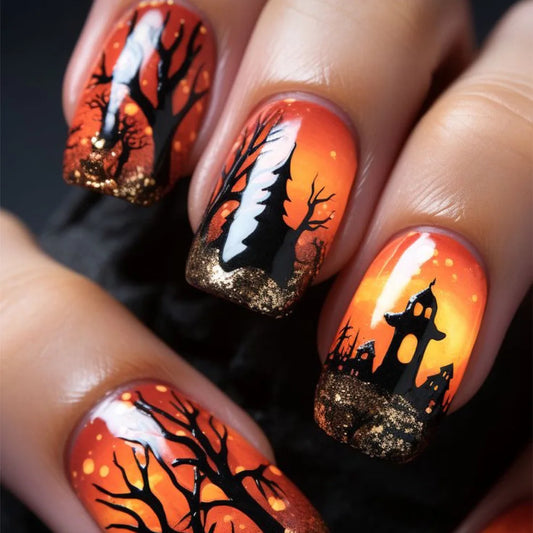 24Pcs Mid-length Square Nails Set Press on Pumpkin Bat Design False Nails Halloween Spider Web Wearable Full Cover Fake Nail Tip