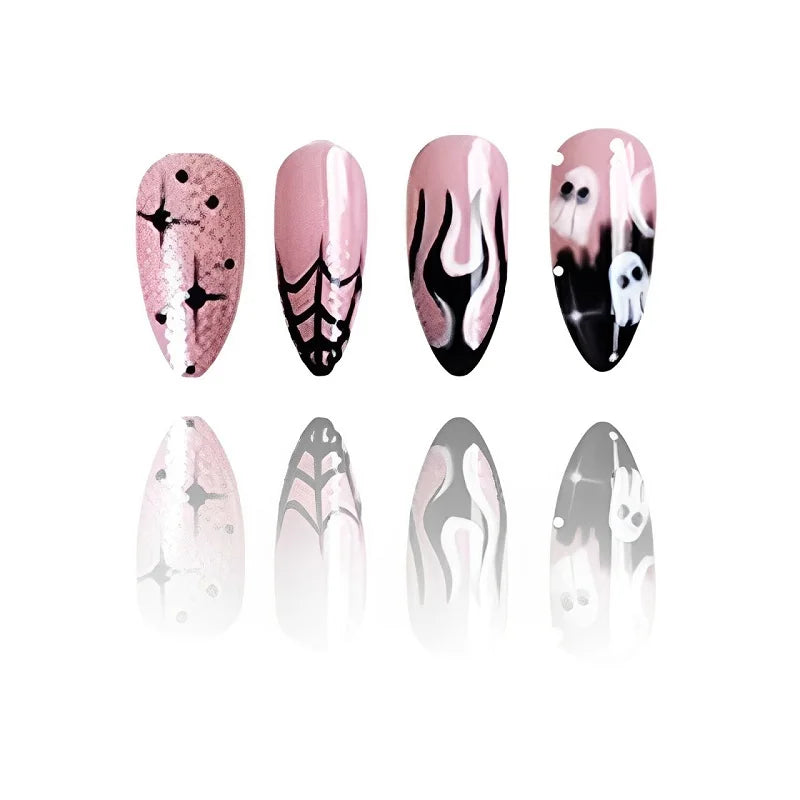 24Pcs Halloween Bat & Spider Press-On Nails - Almond French Fake Nails Full Cover