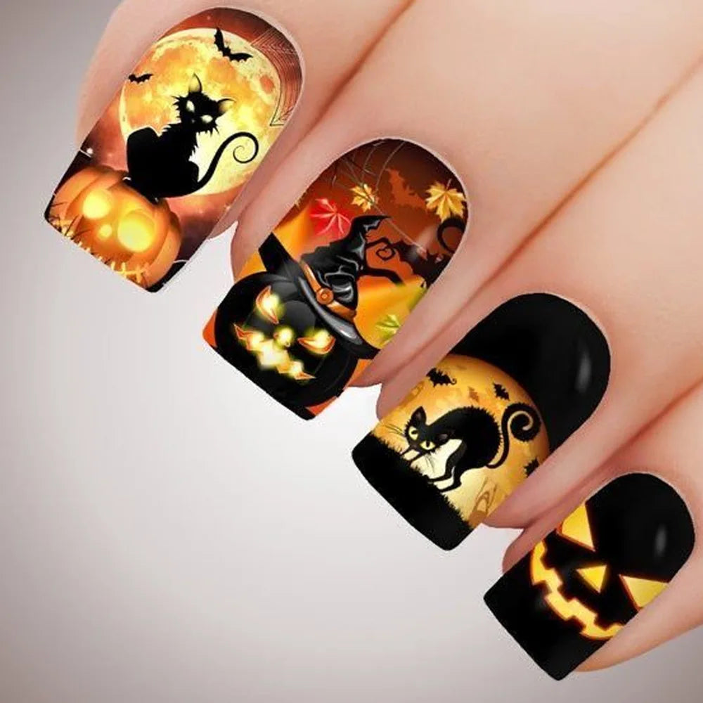 24Pcs Mid-length Square Nails Set Press on Pumpkin Bat Design False Nails Halloween Spider Web Wearable Full Cover Fake Nail Tip