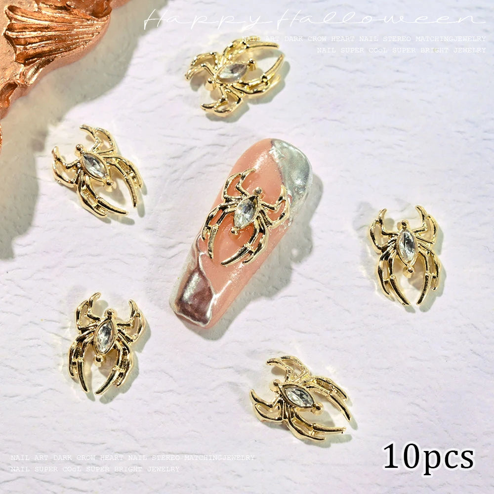 Halloween 3D Spider Nail Charms - Luxury Gold & Silver Alloy (10 Pieces)