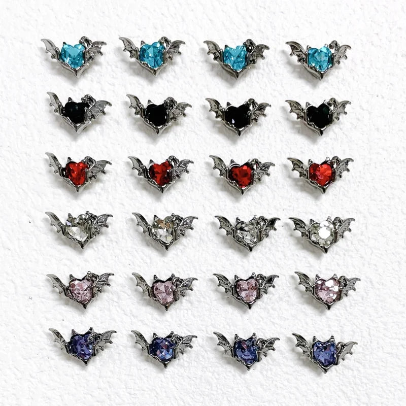 10pcs Gothic Punk Style Alloy Bat 3Heart D Nail Art Charms Spider Design For Halloween Nails Decoration Accessories