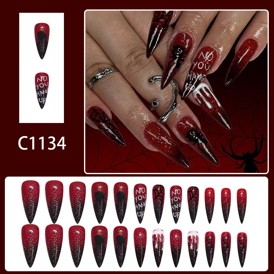 24pcs Halloween Fake Nails Red Decorated False Nail Almond Press on Nail Tips Halloween Cool Girl Long Fake Nail Halloween Nails