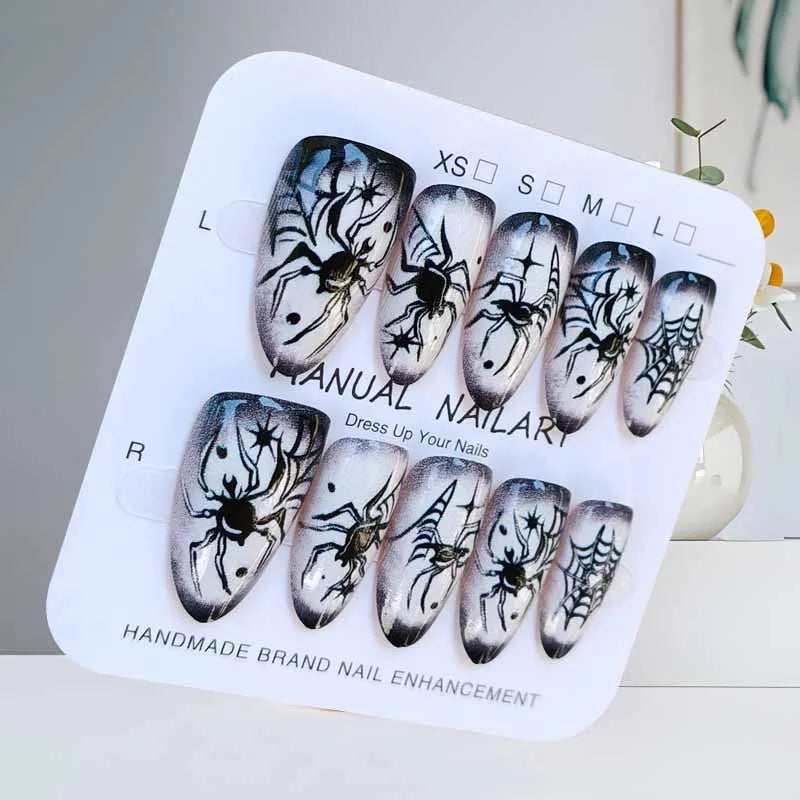 10Pcs Halloween Short Almond Shape Atmosphere Clown Black and White Ghost Spider Press on Nails Nail Patch False Nails Nails Art